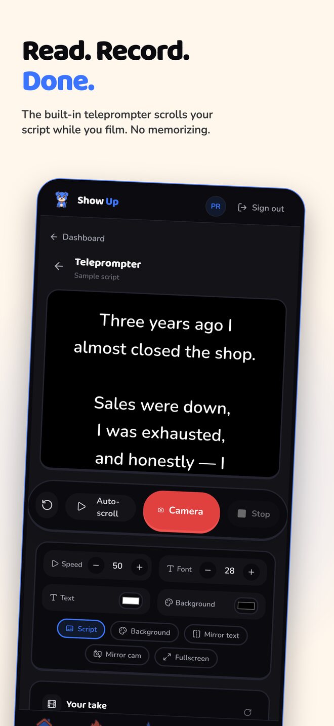 Read, record, done — the built-in teleprompter scrolling a script over the camera while you film